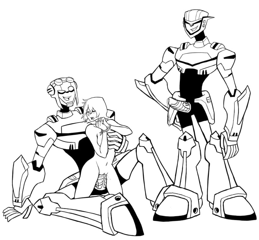 1girls 2013 2boys bamboogecko black_and_white blush dominant_male doodle drool drooling eyes_closed hands_tied hasbro holding_breast jetfire jetstorm male_robot robot_humanoid shorts smirk submissive_female tagme transformers transformers_animated