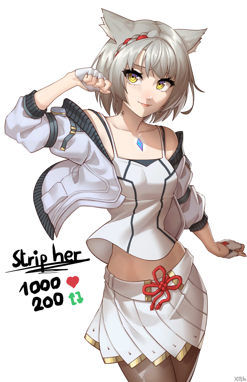 breasts cat_ears catgirl core_crystal female grey_hair meme mio_(xenoblade) nintendo short_hair small_breasts twitter_strip_game_(meme) undressing x_xith_x xenoblade_(series) xenoblade_chronicles_3 yellow_eyes