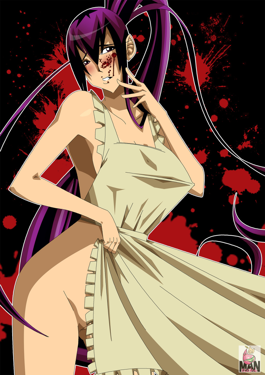 apron blood blood_on_face ecchiman female highschool_of_the_dead large_breasts long_hair nipples ponytail purple_hair pussy saeko_busujima solo very_long_hair