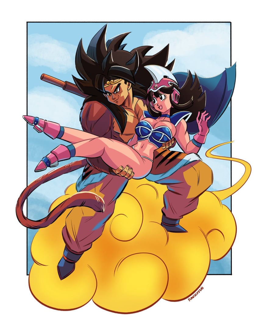 1boy 1girls artist_name barely_clothed big_breasts black_hair busty carrying_partner chichi cleavage curvy curvy_female dragon_ball dragon_ball_gt flying_nimbus funsexydragonball journey_to_the_west legs light-skinned_female light_skin red_fur revealing_clothes son_goku super_saiyan_4 tail tan_skin tan_skinned_male white_background