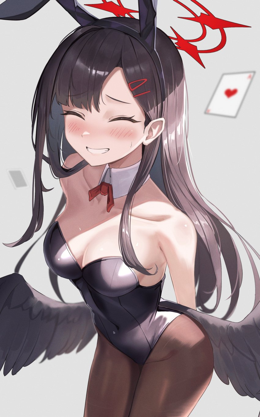 1girls absurd_res absurdres armpits ass bare_arms bare_chest bare_shoulders belly belly_button black_bunny_ears black_bunnygirl_costume black_bunnysuit black_hair black_hair_female black_pantyhose black_wings blue_archive blush blush blush_lines blushing_at_viewer blushing_female bowtie breasts breasts bunny_girl bunnygirl bunnygirl_outfit cards cleavage closed_eyes collar collarbone dot_nose feathered_wings feathers female female_focus female_only groin halo high_resolution highres hourglass_figure ichika_(blue_archive) legs light-skinned_female light_skin long_hair medium_breasts naked naked_female navel nude nude_female pantyhose parted_bangs pussy red_bowtie red_halo rottenpizza shoulders sideboob simple_background slender_body slender_waist slim_girl slim_waist smile smiling smiling_at_viewer solo standing sweat sweatdrop thick_ass thick_thighs thighs thin_waist upper_body v-line white_background white_collar wide_hips wings