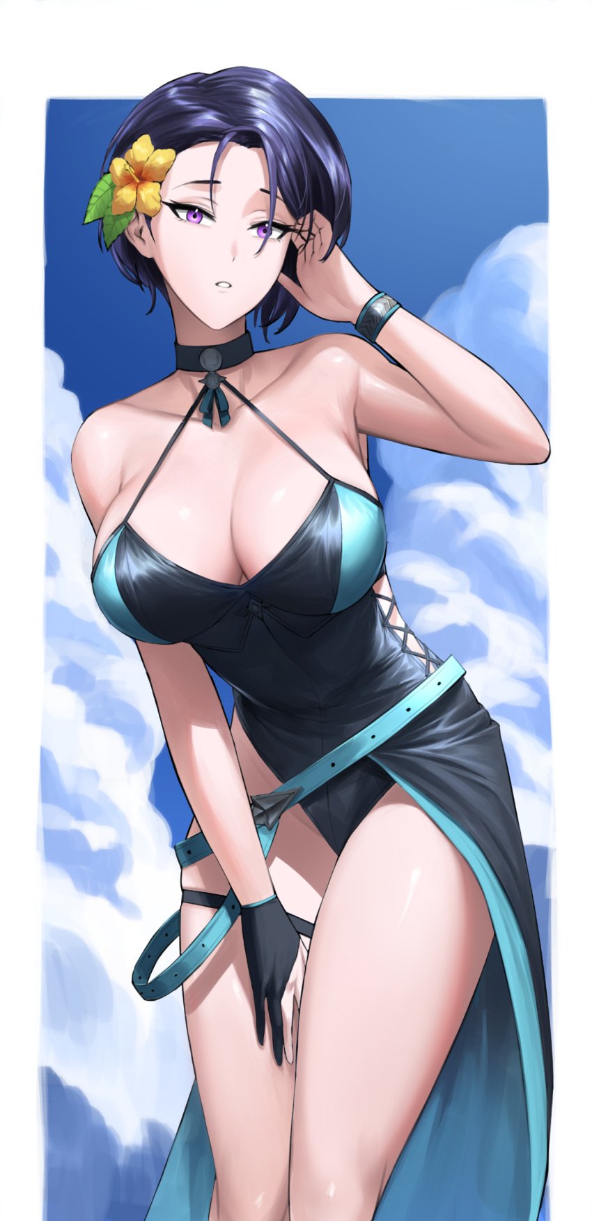 1girls absurdres alternate_costume bare_arms bare_shoulders belt black_one-piece_swimsuit black_swimsuit blue_belt blue_hair blue_one-piece_swimsuit blue_sky bracelet breasts casual_one-piece_swimsuit choker cleavage cloud day female female female_only fire_emblem fire_emblem:_three_houses fire_emblem_heroes flower hair_flower hair_ornament highres large_breasts looking_at_viewer nintendo official_alternate_costume one-piece_swimsuit parted_lips purple_eyes shamir_nevrand shamir_nevrand_(summer) short_hair shou_illust sky solo standing swimsuit thighs yellow_flower