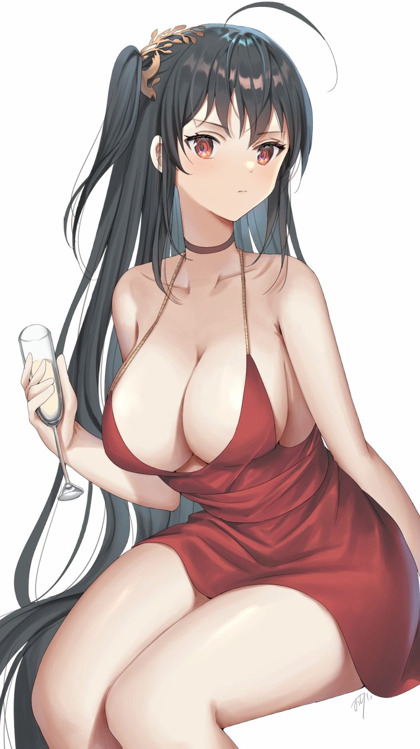 1girls absurd_res absurdres antenna_hair armpits azur_lane bare_arms bare_chest bare_knees bare_legs bare_shoulders bare_skin bare_thighs black_hair black_hair_female breasts choker cleavage collarbone dot_nose dress elbows female female_focus female_only fingernails hair_between_eyes hair_ornament head_tilt high_resolution highres hourglass_figure knees large_breasts legs light-skinned_female light_skin long_hair looking_at_viewer osyage921 red_dress red_eyes red_eyes_female sakura_empire_(azur_lane) shoulders side_ponytail sideboob simple_background sitting slender_body slender_waist slim_girl slim_waist solo taihou_(azur_lane) taihou_(forbidden_feast)_(azur_lane) thick_thighs thighs thin_waist tilted_head upper_body white_background wide_hips wine wine_glass