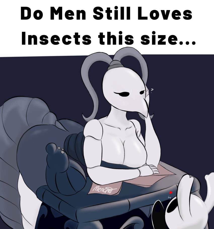 1boy 1girls bent_over_table big_breasts big_tail bigger_female black_body bubble_butt do_men_still_love_women_this_size female hollow_knight huge_breasts insect_girl iselda_(hollow_knight) looking_away male mengao no_sex protagonist_(hollow_knight) seductive tail team_cherry