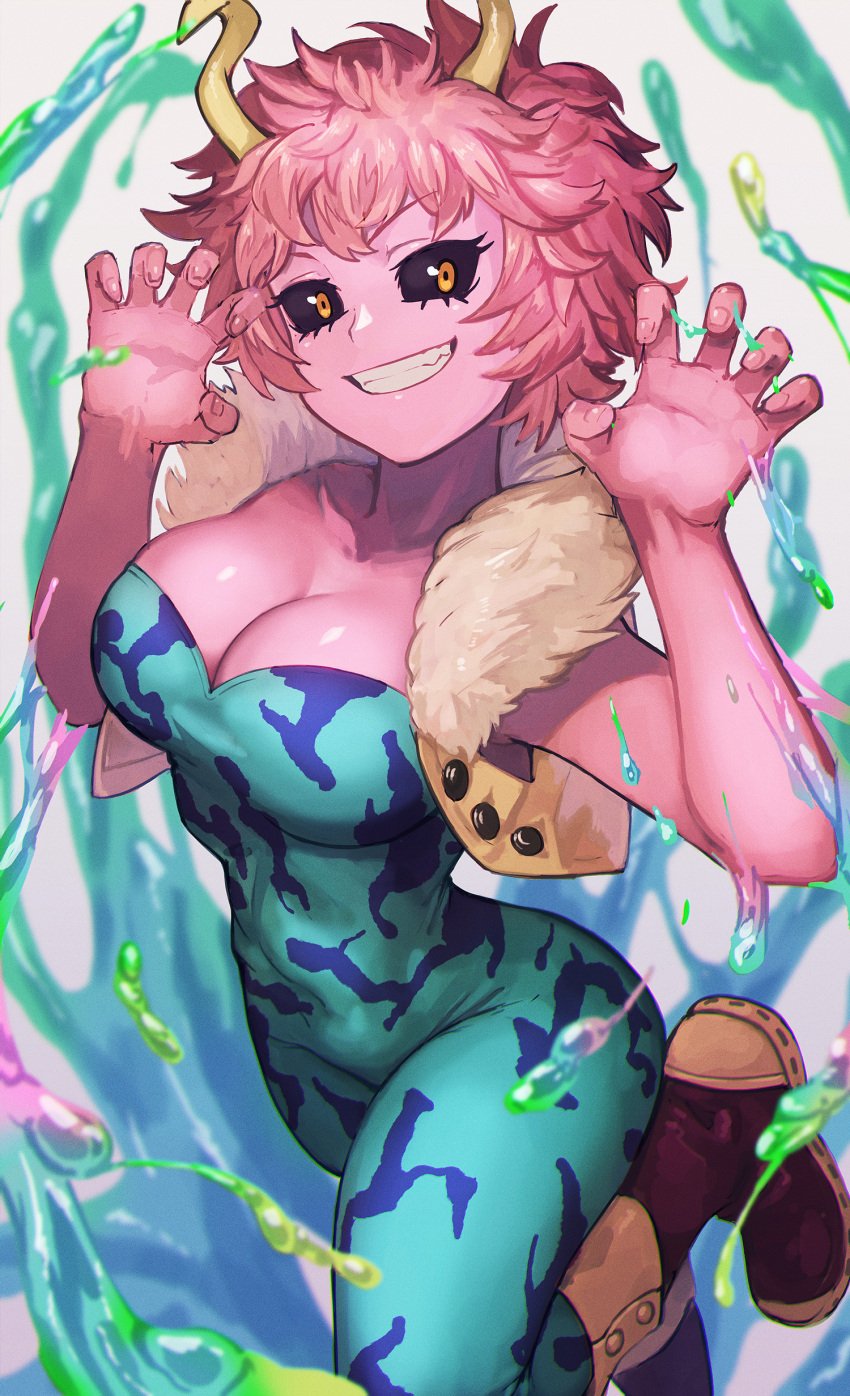 1girls absurdres acid black_eyes boku_no_hero_academia breasts cleavage collarbone colored_skin female fluffy_jacket hero_outfit_(mha) highres horns jumpsuit large_breasts lc_butter looking_at_viewer mina_ashido my_hero_academia pink_hair pink_skin shiny_skin short_hair smile solo teeth tight_clothing yellow_eyes