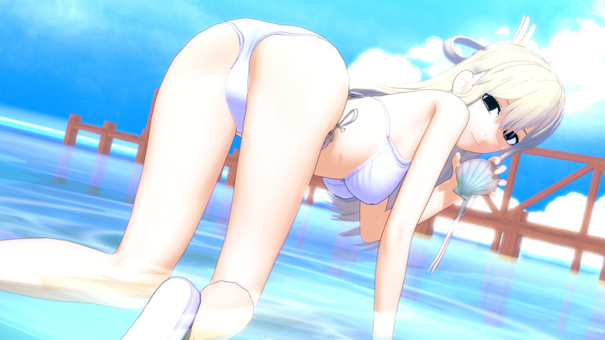 1girls 3d 3d_(artwork) beach bikini black_eyes blonde_hair female_only fit_female go!_go!_loser_ranger! koikatsu qwqggqwq ranger_reject seashell seaside sentai_daishikkaku suzukiri_yumeko water white_bikini yellow_hair