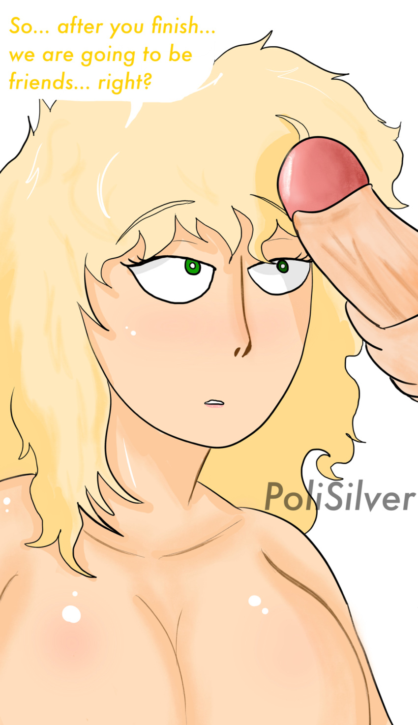 1boy 1girls artist_name artist_signature artist_upload big_breasts big_penis blonde_hair dialogue female fluffy_hair funny hand_on_penis james_(polisilver) looking_at_penis male mary_luie masturbating masturbation naked oc original original_artwork original_character penis_on_face penis_on_hair polisilver self_upload speech_bubble story suprised suprised_look talking text text_bubble