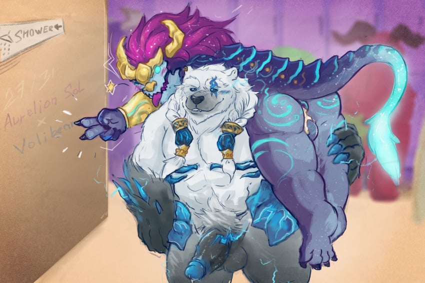 abs after_anal after_sex anthro anus ass aurelion_sol balls bear beard biceps big_butt blep blue_body blush bodily_fluids carrying_another carrying_partner celestial_(league_of_legends) cum cum_in_ass cum_inside dragon duo eastern_dragon erection facial_hair foreskin fur galrock genital_fluids genitals gesture hair hand_gesture hi_res horn humanoid_genitalia humanoid_penis league_of_legends male male/male male_only mammal muscular muscular_male muscular_thighs nude one_eye_closed penis polar_bear rear_view riot_games scalie serratus shower smile tail tencent tongue tongue_out triceps ursine v_sign volibear white_body white_fur yaoi