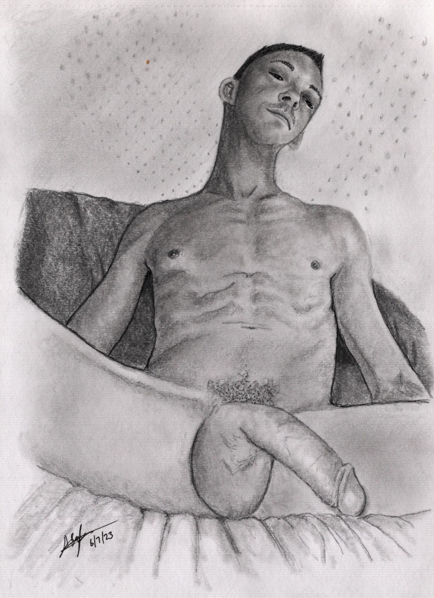 big_balls big_penis gay gay_male handdrawn handdrawn_art laying_on_bed male_only naked_male pencil pencil_(artwork) pencil_sketch sitting_up sketches_by_adab skinny_male smooth_body