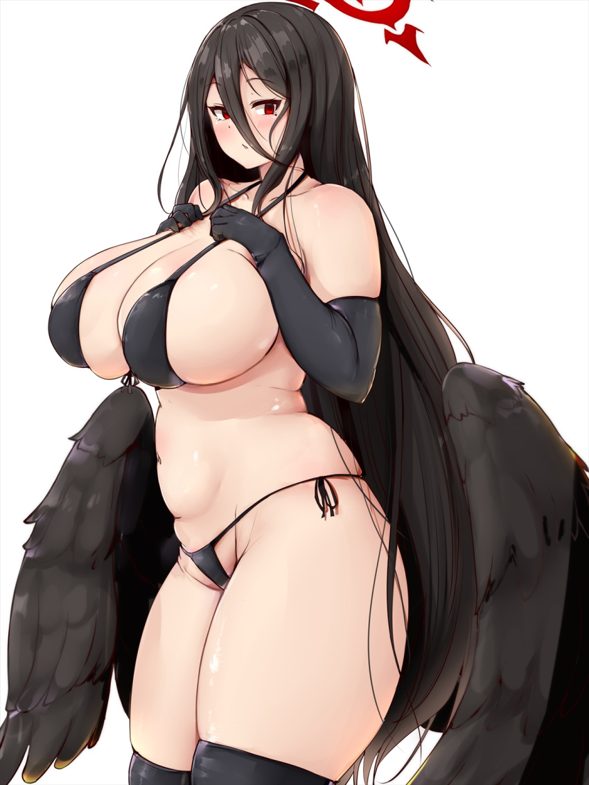 bikini black_bikini black_gloves black_hair black_thighhighs black_wings blue_archive blush breasts curvy elbow_gloves feathered_wings female gloves hair_between_eyes halo hands_on_own_chest hasumi_(blue_archive) huge_breasts justice_task_force_(blue_archive) large_breasts long_hair low_wings mole mole_under_eye navel plump red_eyes shinonon_(iso_shino) side-tie_bikini_bottom sideboob slightly_chubby slightly_chubby_female solo standing swimsuit thick_thighs thighhighs thighs trinity_general_school_student very_long_hair voluptuous white_background wide_hips wings