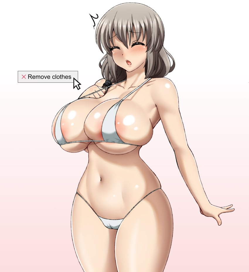 bare_arms bare_legs bare_shoulders bare_thighs belly_button big_breasts blush breasts closed_eyes embarrassed exposed_breasts grey_hair hoosu icon long_hair milf mother ponytail swimsuit thighs uzaki-chan_wa_asobitai! uzaki_tsuki