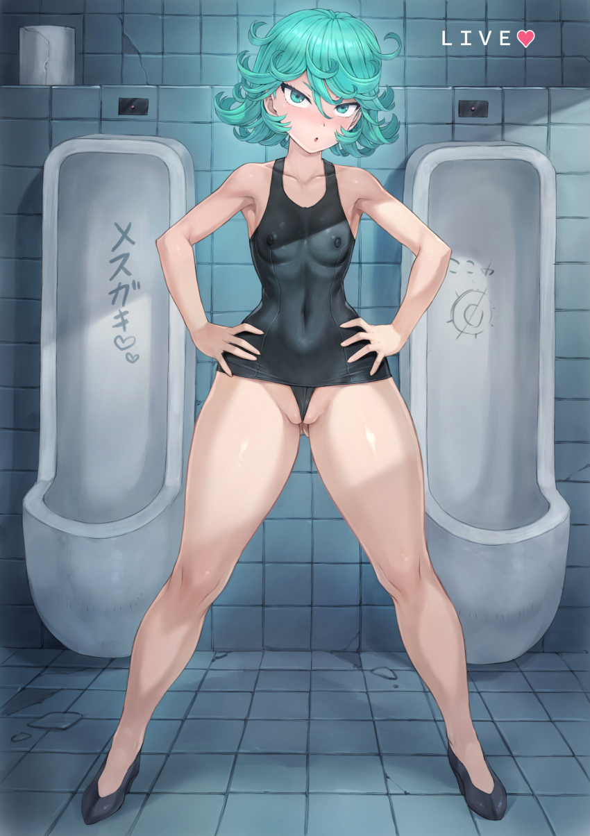 1girls alternate_costume alternate_version_available black_swimsuit blush breasts cameltoe erect_nipples female female_focus footwear full_body green_eyes green_hair hair hands_on_hips high_heels hips legs mogudan nipple_bulge nipples_visible_through_clothing one-piece_swimsuit one-punch_man public public_bathroom recording short_hair solo_focus swimsuit swimwear tatsumaki thighs wide_hips