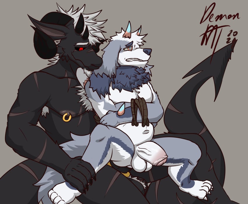 absurd_res anthro black_body black_fur blue_body blue_fur bound bovid canid canine canis caprine demonrat demos_(demonrat) domestic_dog duo forced fur genitals goat hi_res hybrid male male/male mammal nipple_piercing nipples piercing rape