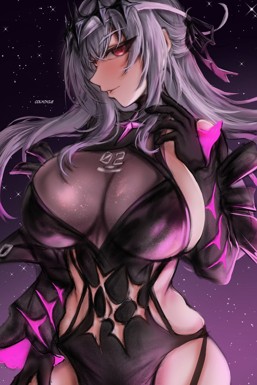 1girls big_breasts breasts busty clothing colycycle female female_only goddess_of_victory:_nikke grey_hair huge_breasts large_breasts looking_at_viewer modernia_(nikke) modernia_(second_affection)_(nikke) red_eyes smile solo thick_thighs wide_hips