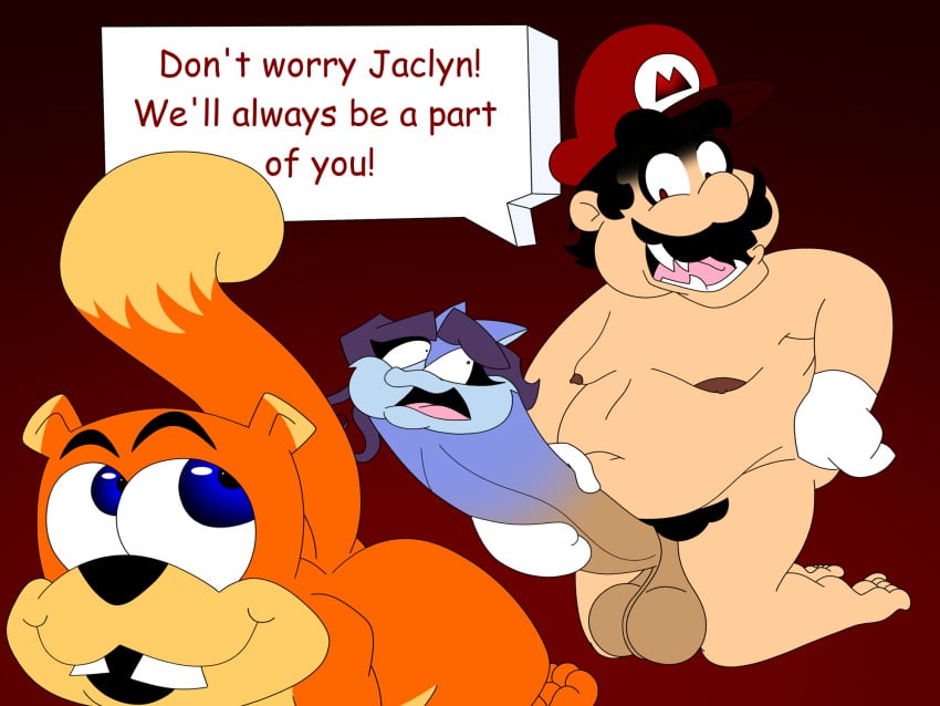 conker conker's_bad_fur_day crossover gloves gripping_cock hat male male_only mario mario_(series) obese on_knees penis penis_transformation self_upload sirknight squirrel tagme tail text text_box transformation video_games