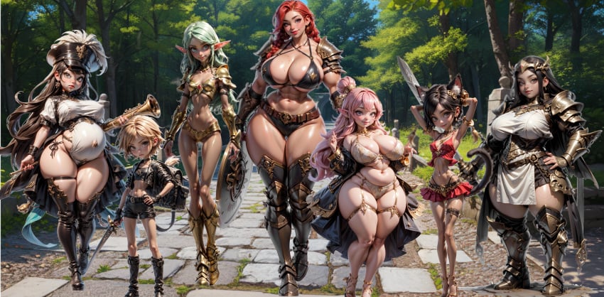 7girls abs ai_generated archer armor armpit_crease armpits barbarian bard big_breasts bikini_armor blonde_hair breasts cameltoe cat_ears cat_tail catgirl circlet collarbone cropped_jacket crown dancer dwarf dwarf_female elf elf_ears fantasy feathers fighter flat_chest flat_chested gauntlet gauntlets gloves gold_armor gold_boots gold_jewelry green_hair group_shot hair_ornament halfling halfling_female hat high_heel_boots high_heels huge_breasts instrument jewelry knee_boots large_breasts leather_boots leather_bra leather_clothing leather_jacket leather_shorts long_hair microshorts multiple_girls muscular muscular_female narrow_waist pink_hair plump pregnant pregnant_belly pregnant_female red_hair shiny_hair shiny_skin short_hair shorts shortstack shoulder_armor silk_bra skinny skirt sword tassel tassels thick_thighs thief thigh thigh_boots thigh_gap thigh_strap thighs warrior wide_hips