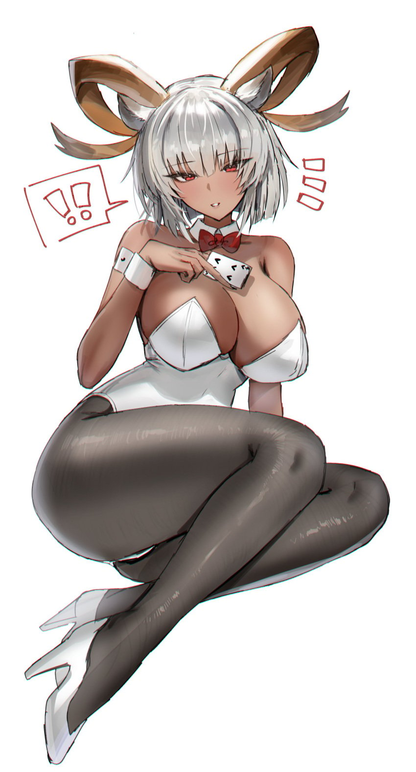 !! arknights ass_visible_through_thighs bowtie_collar bunny_girl bunnysuit card carnelian_(arknights) detached_collar hand_on_own_breast horn/wood huge_ass huge_thighs large_breasts leotard notice_lines pantyhose poker_card sitting thick_thighs wide_hips yokozuwari