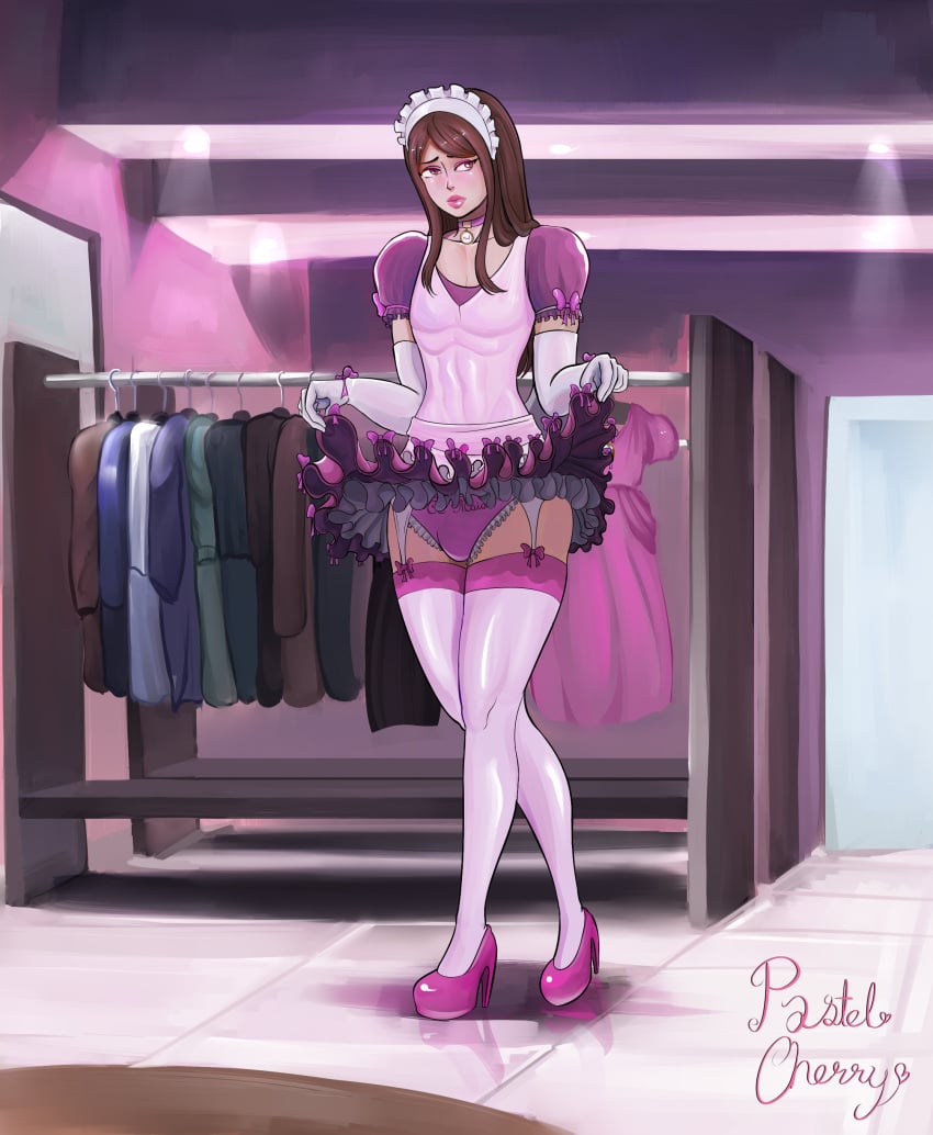 femboy leggings maid panties pink_dress