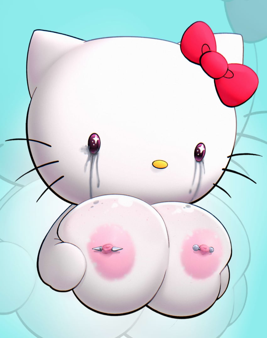 2024 big_breasts bodily_fluids bow_(feature) breasts domestic_cat felid feline felis female hello_kitty hello_kitty_(character) hello_kitty_(series) hi_res holding_breast huge_breasts kitty_white mammal nipples piercing sanrio solo stupidsmut tears whiskers white_body