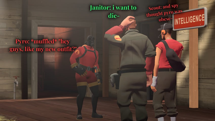 3boys 3d bulge_through_clothing funny gas_mask girly_boy hand_on_hip male male_only mercenary pctoaster processing pyro_(team_fortress_2) scout_(team_fortress_2) sfm shocked_look source_filmmaker team_fortress_2 the_janitor_(team_fortress_2)