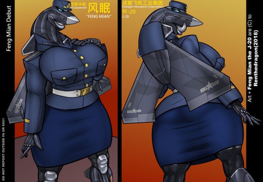 aeromorph aircraft anthro female fully_clothed j-20 living_aircraft living_machine renthedragon tagme