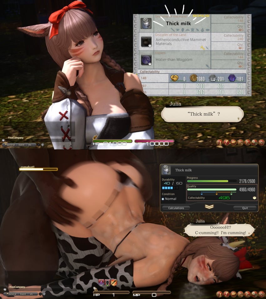 3d big_ass big_breasts big_butt cat_ears cat_girl cat_tail catgirl cow_bikini craft dark-skinned_male debuff doggy_style final_fantasy final_fantasy_xiv gameplay_mechanics health_bar huge_ass huge_thighs kawaii_awww miqo'te statue text text_box text_bubble