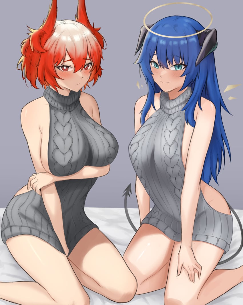 2024 2girls arknights bare_arms bare_shoulders blue_eyes blue_hair breasts fangsod fiammetta_(arknights) grey_sweater halo hi_res horns large_breasts long_hair looking_at_viewer meme_attire mostima_(arknights) multiple_girls pointy_hair red_eyes red_hair short_hair simple_background sitting sleeveless sleeveless_turtleneck sweater tail thighs turtleneck very_long_hair virgin_killer_sweater