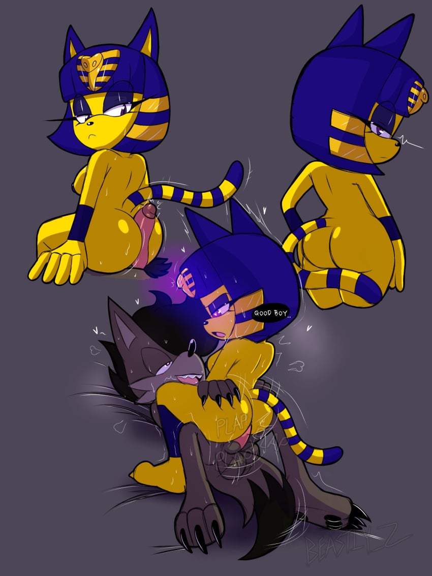 3:4 ambiguous_penetration animal_crossing ankha ankha_(animal_crossing) anthro ass balls beastly_z5 big_breasts big_butt black_body black_fur blue_body blue_fur blue_hair bodily_fluids breasts canid cheek_tuft dialogue dipstick_tail domestic_cat duo egyptian_headdress eyelashes eyeshadow facial_tuft felid feline felis female fur genitals glowing glowing_eyes grey_background grey_body grey_fur hair hi_res hot_dogging looking_at_viewer looking_back looking_back_at_viewer makeup male male/female mammal markings nintendo nude open_mouth penetration penis purple_eyes purple_eyeshadow sega sex short_hair simple_background sonic_(series) sonic_the_hedgehog_(series) speech_bubble striped_markings striped_tail stripes sweat sweatdrop tail tail_markings text thick_thighs tuft wide_hips