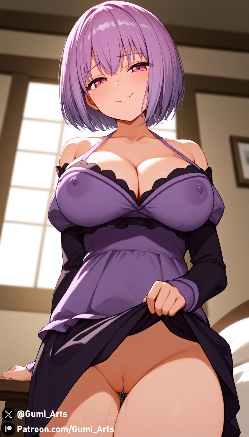 ai_generated blush cleavage collarbone covered_nipples dress dress_lift gumi_arts indoors large_breasts looking_at_viewer looking_down naughty_face pink_eyes purple_hair pussy pussy_juice shinjou_akane short_dress short_hair smirk ssss.gridman stable_diffusion thick_thighs