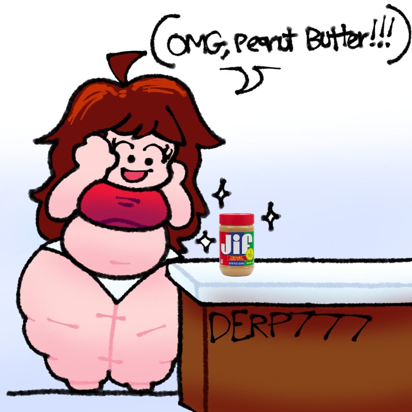 brown_hair chubby counter derp777 excited fat friday_night_funkin girlfriend_(friday_night_funkin) happy jif_peanut_butter kitchen no_shoes obese panties peanut_butter red_dress sequence speech_bubble tagme text white_background white_panties