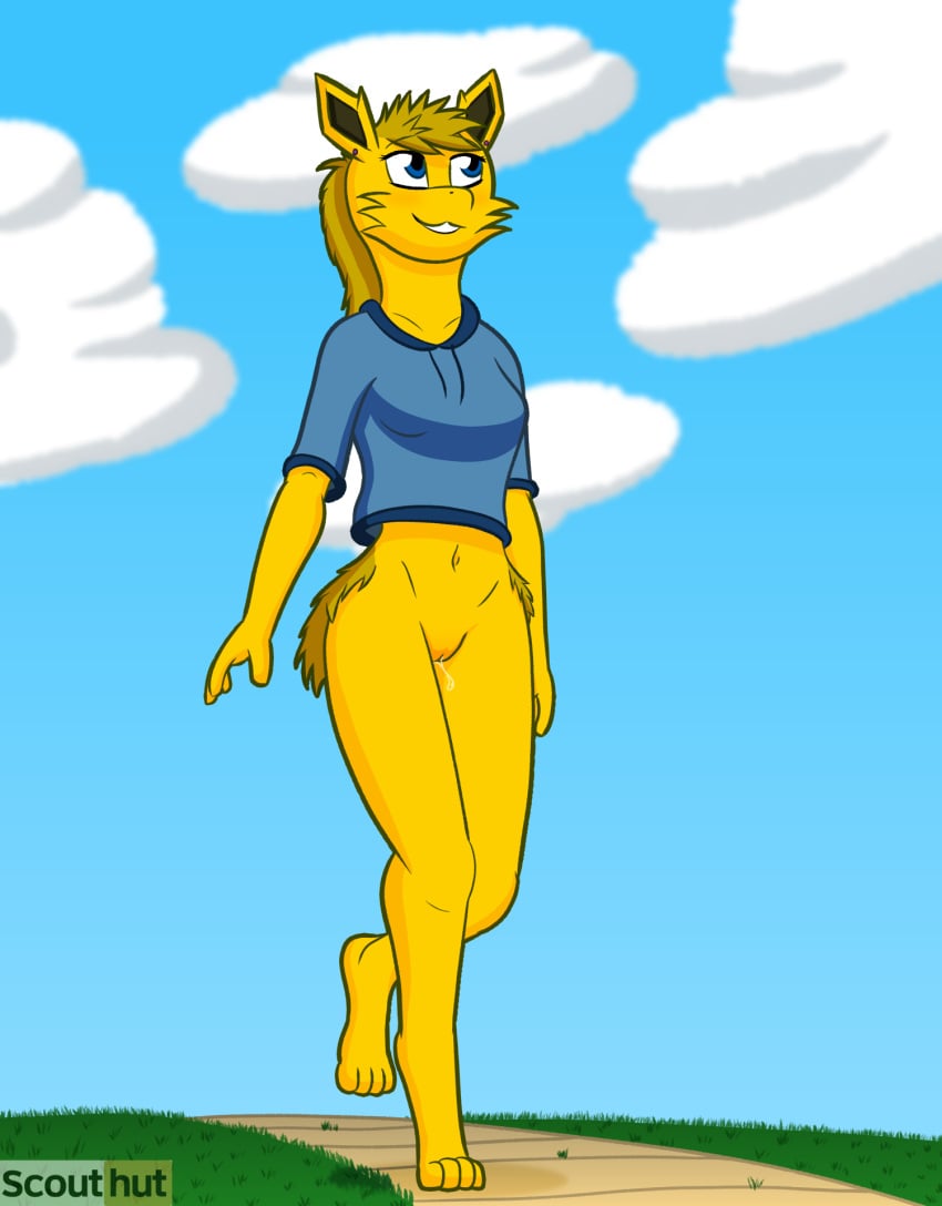 anthro blonde_hair blue_clothing blue_eyes blush bodily_fluids body_blush bottomless carrie_lillis clothed clothing crop_top ear_piercing ear_ring eeveelution eyelashes female fur generation_1_pokemon genital_fluids genitals grass hair hi_res hoodie jolteon navel nintendo piercing plant pokemon pokemon_(species) ponytail pussy pussy_blush ring_piercing scoutthecat02 shirt sidewalk sky_background smile solo topwear vaginal_fluids walking yellow_body yellow_fur