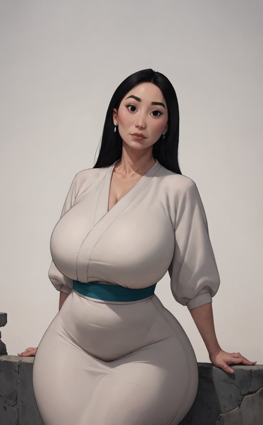 ai_generated asian black_eyes black_hair clothed fa_mulan huge huge_ass huge_breasts huge_hips long_hair looking_at_viewer mature_female milf mulan mulan_(1998_film) straight_hair thick_thighs white_background xheceox