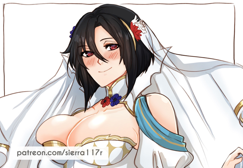 1girls alternate_costume black_hair blush breasts bridal_veil bride bursting_breasts cleavage dress female female_only fire_emblem fire_emblem_engage fire_emblem_heroes hair_between_eyes large_breasts looking_at_viewer nel_(fire_emblem) nel_(stoic_bride)_(fire_emblem) nintendo official_alternate_costume red_eyes short_hair sierra117renner skindentation smile solo upper_body wedding_dress white_background