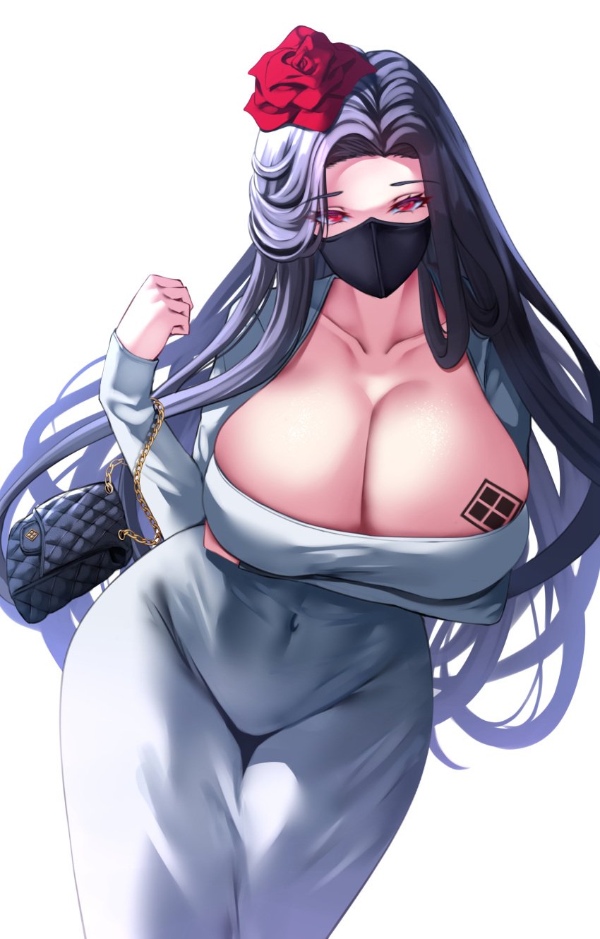 1girls absurd_res arm_under_breasts black_hair breasts cleavage dress eyebrows_visible_through_hair facemask female female_only flower flower_in_hair goddess_of_victory:_nikke huge_breasts karma3009 light-skinned_female light_skin long_hair looking_at_viewer maiden_(nikke) mask masked masked_female navel purse red_eyes rose tattoo tattoo_on_chest tight_clothing tight_dress white_background white_dress