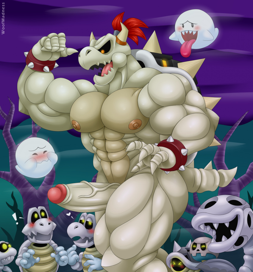 2024 2_horns 4_fingers abs animated_skeleton anthro areola barazoku biceps big_muscles blush bone bony_beetle boo_(mario) bracelet claws detailed_background digital_media_(artwork) dry_bones dry_bowser elemental_creature erection fingers fish fish_bone_(mario) flora_fauna genitals ghost goomba group hair heart_symbol hi_res horn jewelry koopa male marine mario_(series) muscular muscular_anthro muscular_male nintendo nipples non_mammal_nipples open_mouth pecs penis piranha_plant plant red_hair scalie shell skeleton skull skull_head smile solo_focus spiked_bracelet spiked_tail spikes spikes_(anatomy) spirit tail teeth tongue tongue_out tree undead vein veiny_penis woofmadness