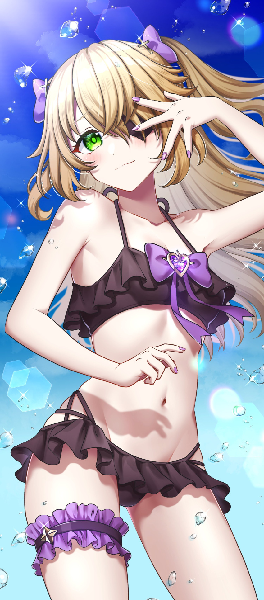 1girls 2d 2d_(artwork) belly_button bikini black_swimsuit blonde_hair day eyepatch female female_focus fischl_(genshin_impact) front_view genshin_impact green_eyes high_resolution highres light-skinned_female light_skin long_hair looking_at_viewer navel outdoors pigtails purple_nails sky slim_female small_breasts smiling smiling_at_viewer solo solo_female solo_focus standing summer swimsuit tateko25wiz water young younger_female