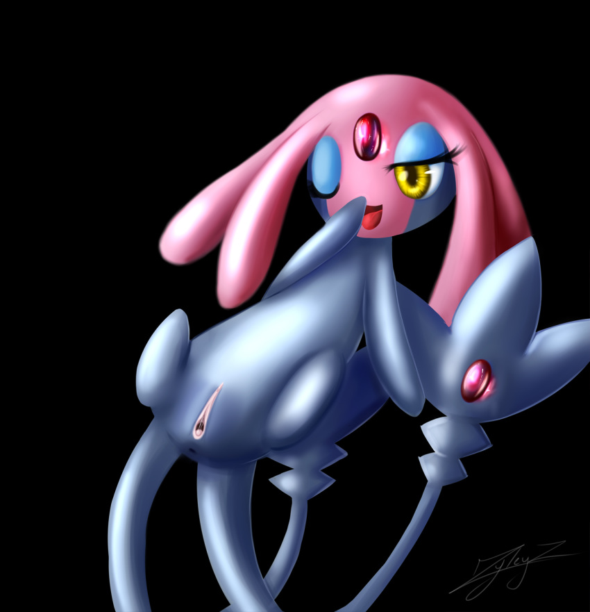 barefoot female female_only feral flying forehead_jewel grey_skin mesprit multiple_tails open_mouth pink_skin pokemon pussy solo tagme tail wink yellow_eyes zyleyz