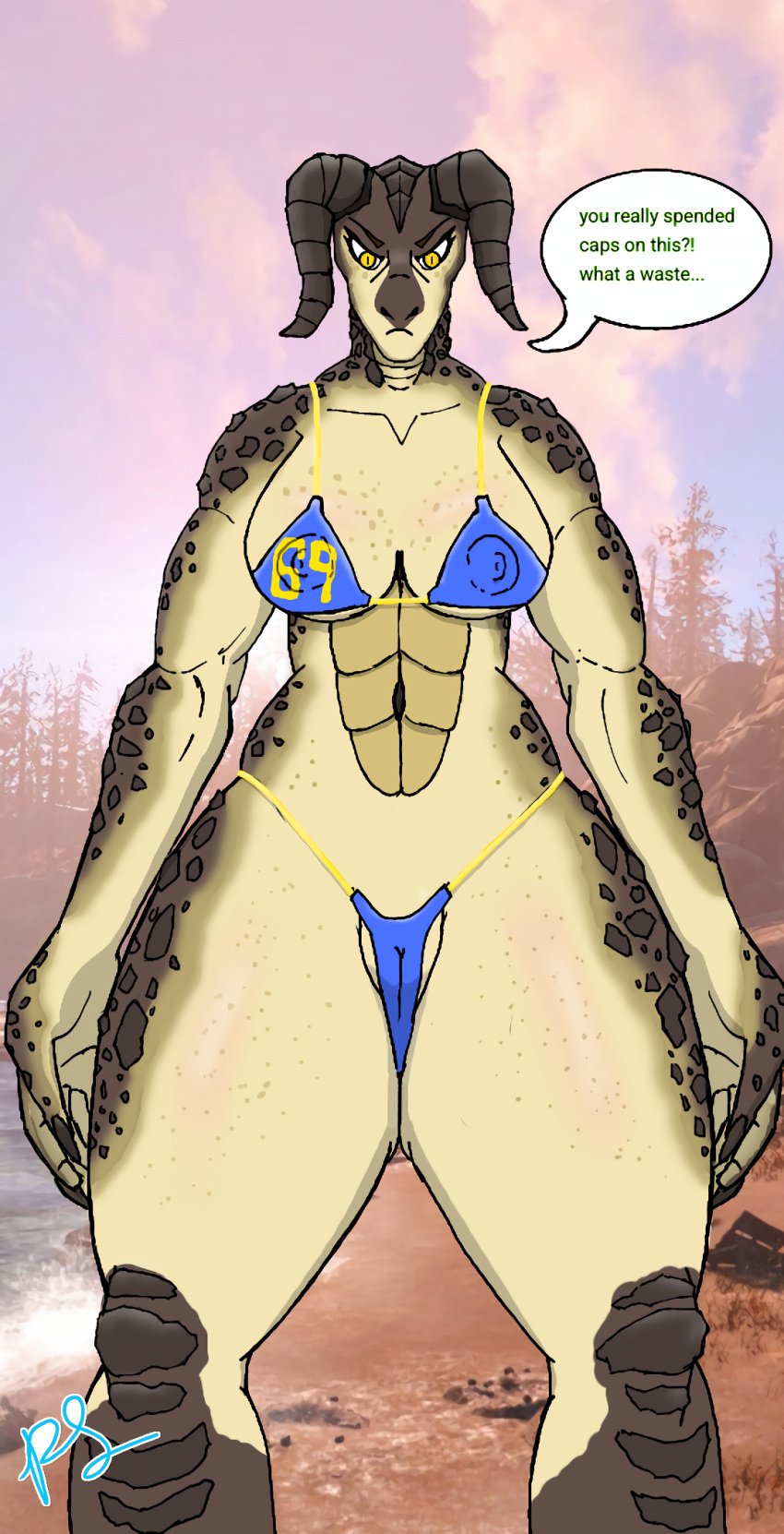 anthro anthro_only beach bikini cameltoe deathclaw fallout fallout_4 female_deathclaw nipples_visible_through_clothing non-mammal_breasts panties tagme tall_female wanttobe80s