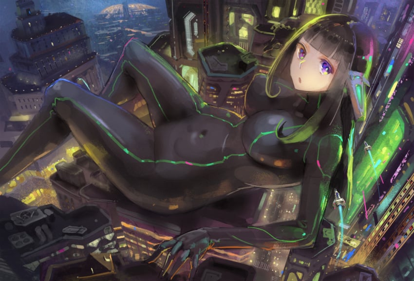 1girls big_breasts black_hair breasts clothed clothed_female female female_focus female_only giantess kazo light-skinned_female light_skin sci-fi solo solo_female solo_focus