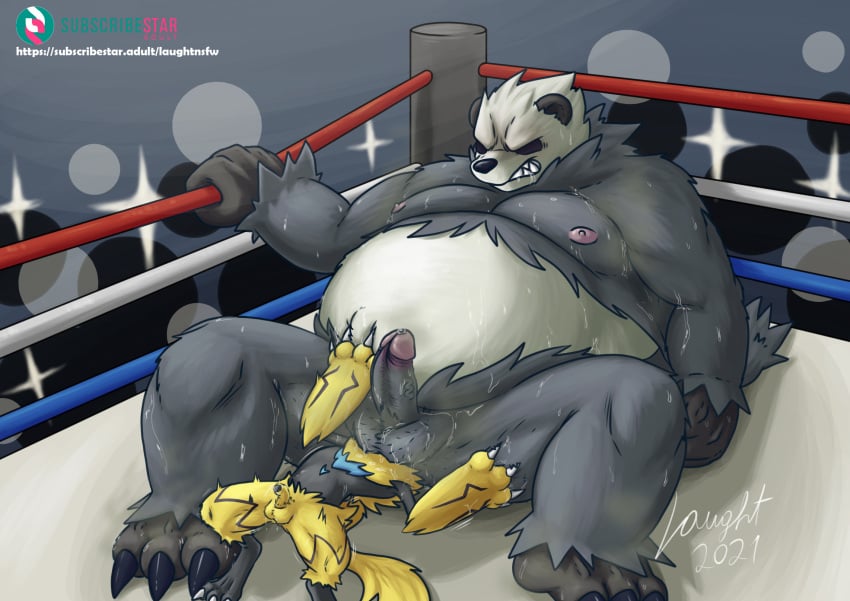 anthro balls bear belly bodily_fluids butt_sniffing claws duo erection facesitting fighting_ring generation_7_pokemon genitals giant_panda hi_res laught468 legendary_pokemon male male/male mammal musk musk_clouds nintendo nipples nude obese obese_anthro obese_male overweight overweight_anthro overweight_male penis pokemon pokemon_(species) sitting_on_another size_difference sniffing sweat zeraora