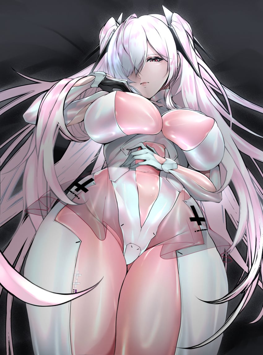 1girls absurd_res anachiro_(nikke) areolae big_breasts bodysuit breasts cinderella_(nikke) cleavage emotionless emotionless_female female_only goddess_of_victory:_nikke hair_covering_eye hair_ornament hand_on_stomach light-skinned_female light_skin long_hair looking_at_viewer lying_on_back navel red_eyes thick_thighs thigh_gap thighs twintails white_bodysuit white_hair zenatsu