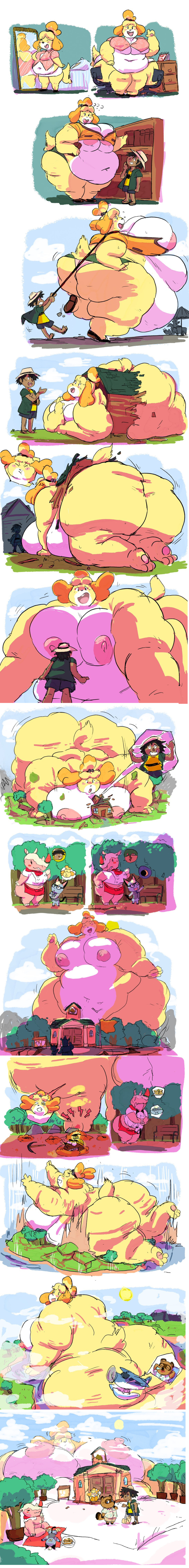 animal_crossing belly belly_overhang big_belly big_breasts breasts destruction female giantess huge_breasts isabelle_(animal_crossing) leash long_image male merengue_(animal_crossing) obese obese_female overweight overweight_female raymond_(animal_crossing) rchammer taller_girl tom_nook weight_gain