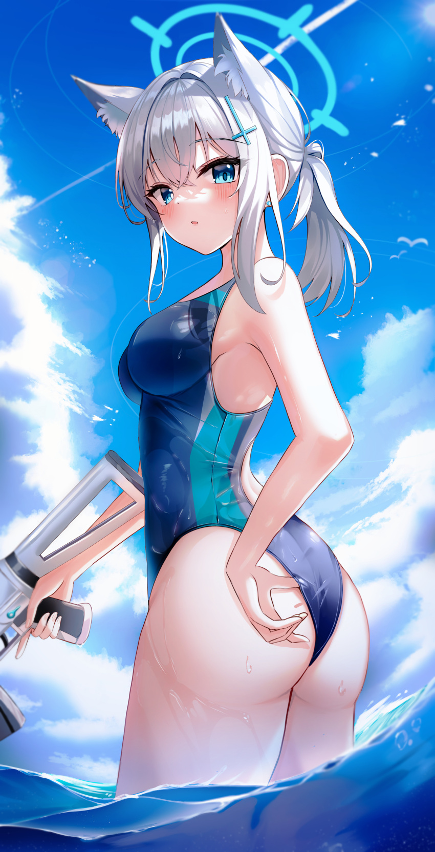 1girls :o absurd_res absurdres armpits ass bare_arms bare_ass bare_butt bare_legs bare_shoulders bare_skin bare_thighs blue_archive blue_eyes blue_eyes_female blue_halo blue_sky blush blush_lines blushing_female breasts cleavage clouds dot_nose elbows female female_focus female_only fingers firearm hair_between_eyes hair_ornament halo high_resolution highres legs li_se light-skinned_female light_skin looking_at_viewer looking_back medium_breasts naked naked_female nude nude_female ocean open_mouth outdoors partially_submerged ponytail sea shiroko_(blue_archive) short_hair short_ponytail shoulders sideboob silver_hair silver_hair_female sky slender_body slender_waist slim_girl slim_waist solo standing thick_ass thick_thighs thighs thin_waist underboob upper_body water wet wet_belly wet_bikini wet_body wet_breasts wet_face wet_legs wet_skin wet_thighs white_hair white_hair_female