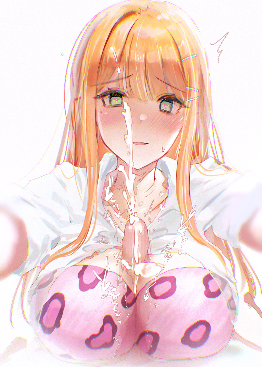 1boy absurdres animal_print blonde_hair blush bra breasts censored commentary_request cum cum_on_body cum_on_breasts cum_on_face cum_on_hair ejaculation facial female gakuen_idolmaster green_eyes heart heart-shaped_pupils highres idolmaster large_breasts leopard_print long_hair looking_at_viewer mole mole_under_eye mosaic_censoring nose_blush orange_hair paizuri paizuri_facial penis pink_bra pov pov_crotch shirt shiun_sumika short_sleeves simple_background smile straight straight_hair symbol-shaped_pupils ueumiaz05 underwear very_long_hair white_background white_shirt