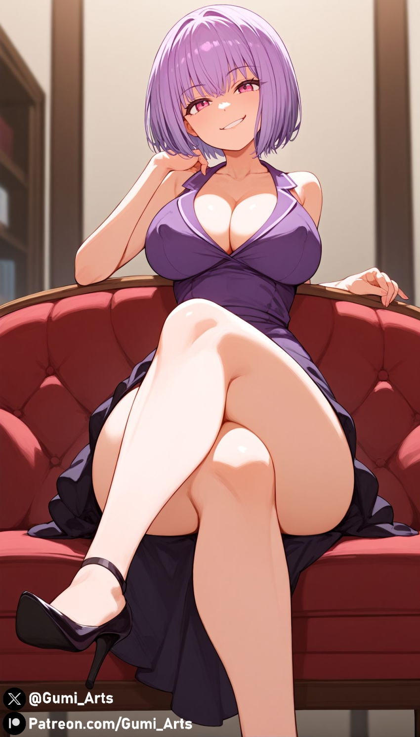 ai_generated blush collarbone covered_nipples crossed_legs grin gumi_arts high_heels large_breasts looking_at_viewer looking_down naughty_face pink_eyes purple_hair seat shinjou_akane short_hair sitting sleeveless smirk ssss.gridman stable_diffusion thick_thighs