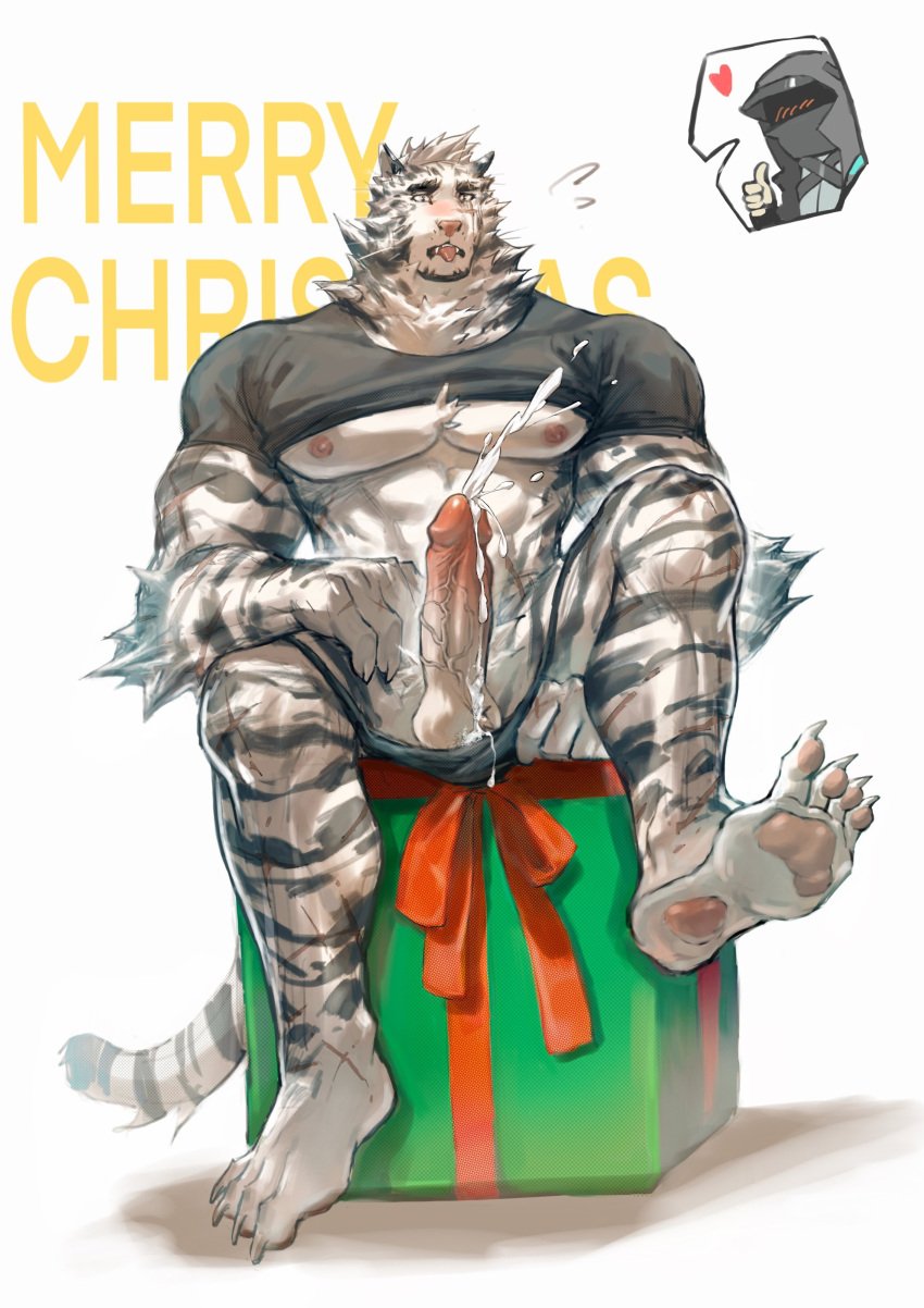 1boy absurdres animal_ears arknights aroused_nosebleed bara clothes_lift cum doctor_(arknights) ejaculation feet full_body furry furry_male handsfree_ejaculation heart highres hujusheng large_pectorals male_focus male_underwear male_underwear_pull merry_christmas mountain_(arknights) muscular muscular_male open_mouth pectorals projectile_cum scar scar_across_eye shirt_lift short_hair solo_focus spread_legs thick_eyebrows thumbs_up tiger_boy tiger_ears tongue tongue_out uncensored underpec underwear white_hair