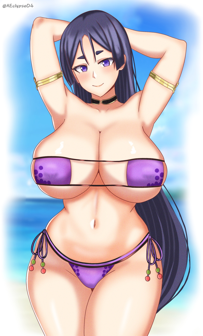 1girls arm_strap armpits arms_behind_head big_breasts bikini bikini_bottom bikini_top bottomwear breasts cleavage confident eclypse eyepatch_bikini fate/grand_order fate_(series) female female_only hair hands_behind_head hips huge_breasts large_breasts long_hair mature mature_female mature_woman milf minamoto_no_raikou_(fate/grand_order) navel neckwear pose posing purple_bikini purple_eyes purple_hair sensual sexy_armpits smile solo solo_female swimwear thighs topwear voluptuous