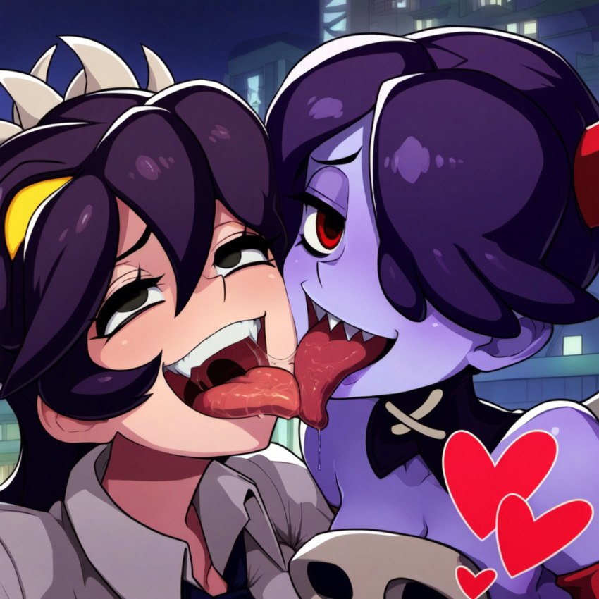 ai_generated filia_(skullgirls) french_kissing kissing powerhouserift samson_(skullgirls) skullgirls squigly tongue_kiss tongue_touching_another's_tongue tongues_touching yuri zombie_girl