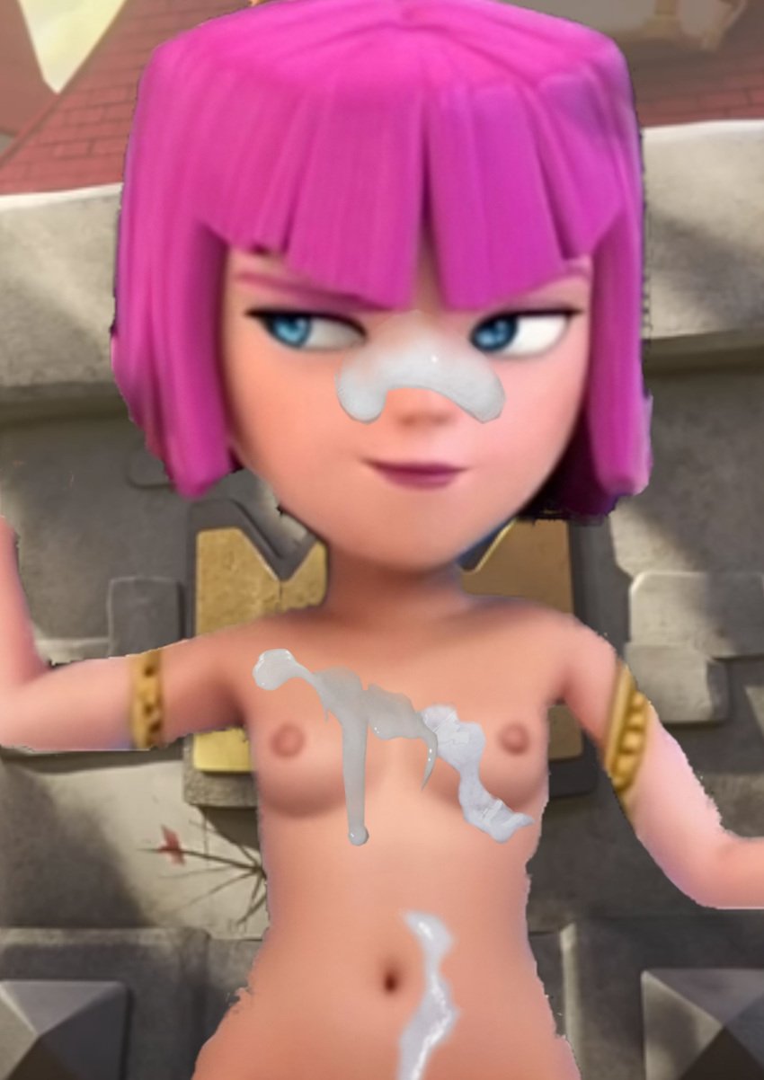 archer archer_(clash_of_clans) bad_edit blue_eyes clash_(series) clash_royale completely_nude completely_nude_female cum cum_on_body cum_on_face female female_only looking_away nude nude_female pink_hair public public_nudity solo solo_female tagme