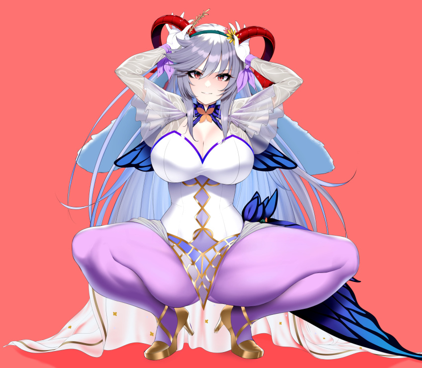 1girls absurdres alternate_costume animal_ears ass_visible_through_thighs blue_hair breasts bunny_ears bunny_girl bunnysuit cleavage commission curled_horns easter fake_animal_ears fire_emblem fire_emblem_heroes floppy_ears flower freyja_(fire_emblem) freyja_(spring)_(fire_emblem) gloves goat_horns grey_hair grin hair_ornament hands_on_head headband heels high_heels highres horns huge_breasts leotard long_hair looking_at_viewer mature_female monochrome_background multicolored_hair nintendo official_alternate_costume open_mouth pantyhose porougon purple_pantyhose rabbit_ears rabbit_pose red_eyes red_horns ribbon see-through smile solo squatting thick_thighs white_hair wrist_ribbon